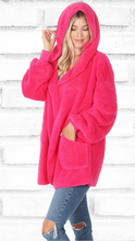 Load image into Gallery viewer, Hooded Open-Front Teddy Coat- HOT PINK
